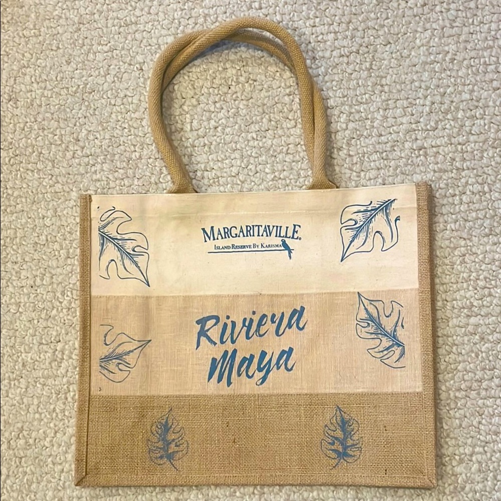 Margaritaville Tan & Blue Beach Tote Brand New 16”W x 14”H not including handles